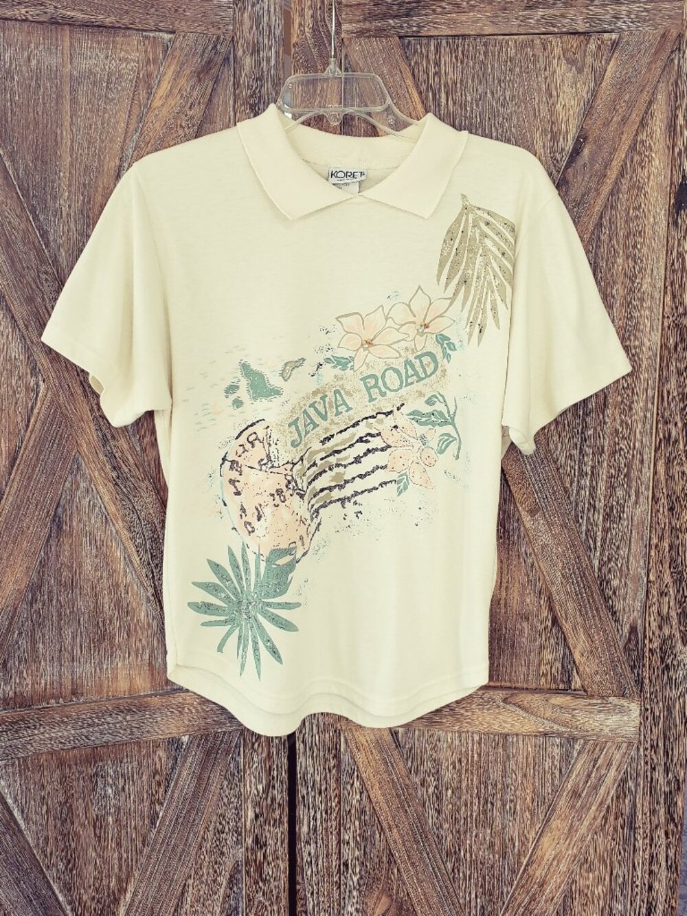 Vintage Koret Java Road Graphic T-Shirt Women's M Cream Palm Hibiscus Collared